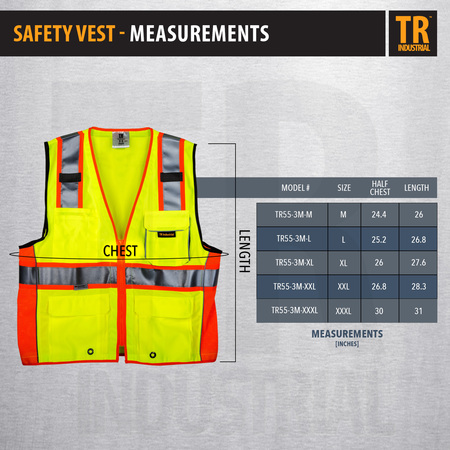 Tr Industrial Class 2 Safety Vest with Pockets and Zipper Closure, 3M Strips, XL TR88055-3M-XL